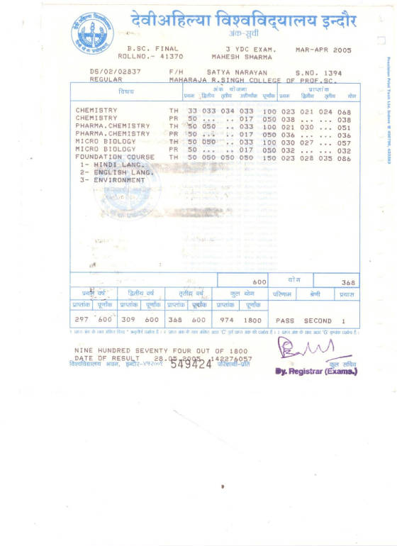 B.Sc. 3rd year mark sheet
